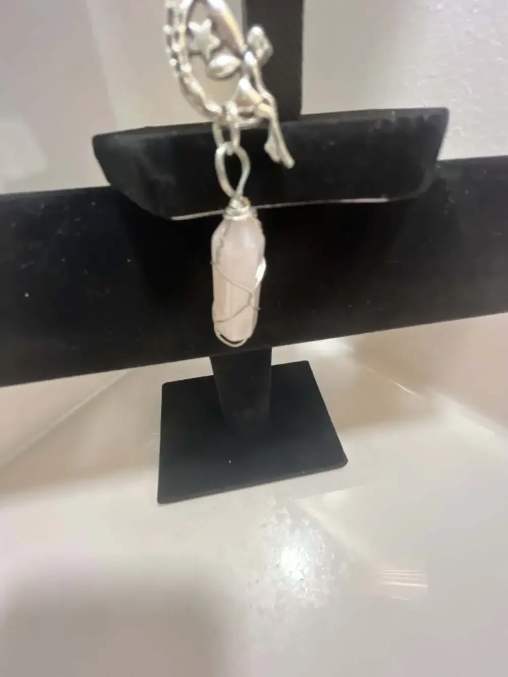 Wire Wrapped Rose Quartz Crystal and Crescent Moon Pendant Necklace